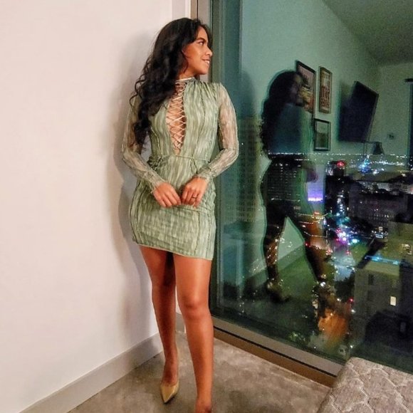 House of CB 'Dylan' Green Colour Ivy Printed Mesh Lace Up Mini Dress - Picture 4 of 14